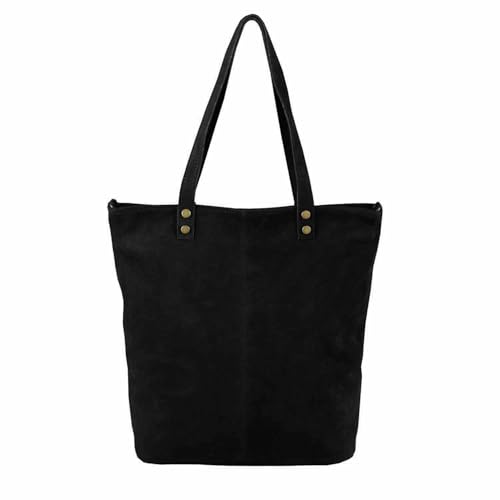 ITALYSHOP24 Made in Italy Damen Leder Tasche Groß XL Shopper Tote Hobo Bag Wildleder Henkeltasche Handtasche Umhängetasche echt Ledertasche Schultertasche Beuteltasche DIN-A4 Schwarz