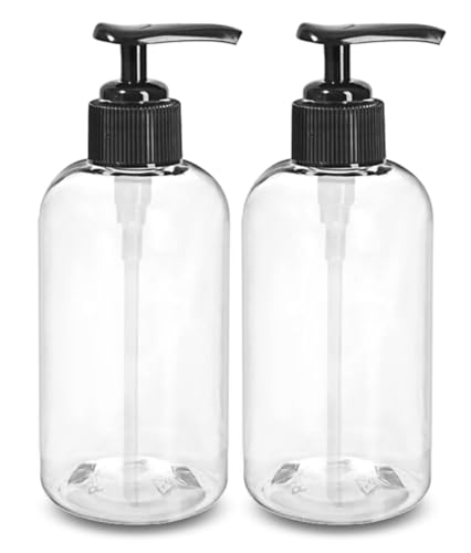 ljdeals 8 oz Clear Plastic Bottles with Pumps, Soap Dispenser, Empty Pump Bottles, Squeezable Refillable Containers for Shampoo, Lotion, Cream and More… Pack of 2, BPA Free, Made in USA