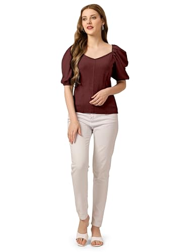 Image of Mehrang Women's Solid Ribbed Crop Tank Top Ribbed Tops for Women V-Neck 3 /4th Balloon Sleeves