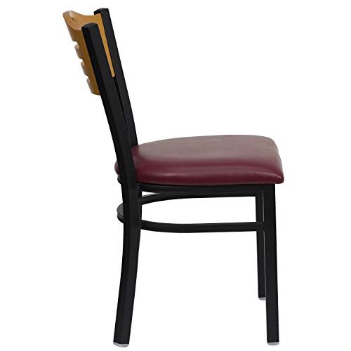 Image of Flash Furniture HERCULES Series Black Slat Back Metal Restaurant Chair - Natural Wood Back, Burgundy Vinyl Seat