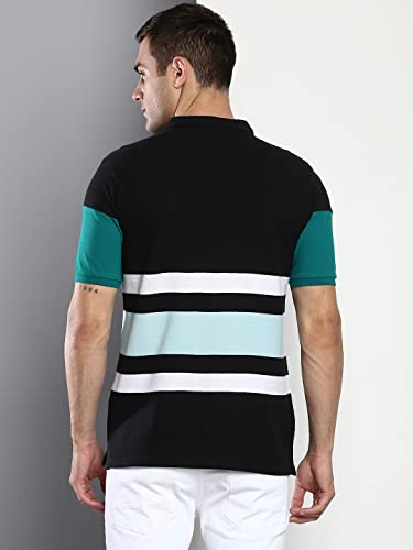 Image of Dennis Lingo Men's Casual Slim Fit Polo Neck T-Shirt, Half Sleeves Striped Pure Cotton Collar T-Shirt for Men