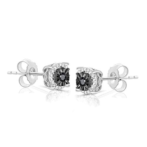 NATALIA DRAKE Black Diamond Stud Earrings for Women or Men in Rhodium Plated Sterling Silver Halo Style Flat Back Post Earring4