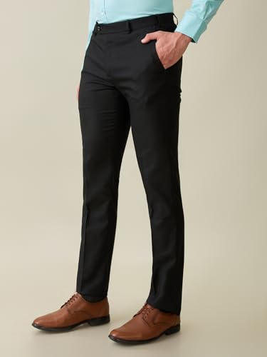 Image of Raymond Men Slim Fit Solid Pattern Poly Viscose Elastane Blend Flat Front Formal Trouser