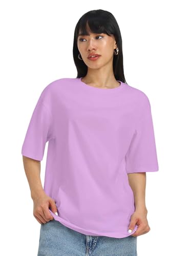 Image of JUNEBERRY Pure Cotton Oversized Baggy Fit Half Sleeve Drop Shoulder Plain Solid Round Neck T-Shirt for Women (Available in Black, White, Lilac, Cork, Maroon, Royal Blue, Swan White, Soap Nut Colors)