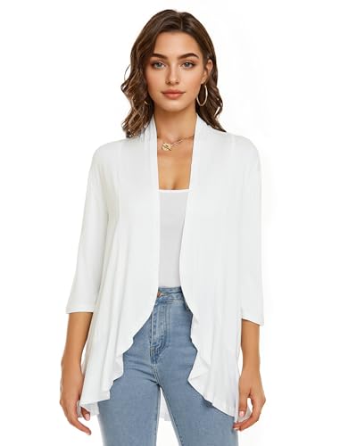 Image of YnimioAOX Women's Cardigan Lightweight Open Front 3 /4 Sleeves Draped Ruffles Knit Cardigan Sweaters
