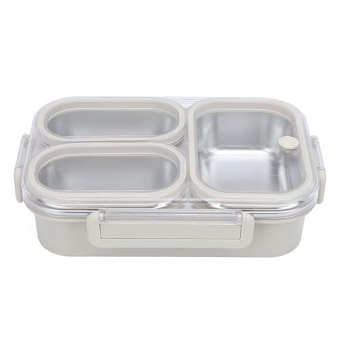 Buachois Caja de almuerzo de acero inoxidable, 1,2L a prueba de fugas Calentable 3 compartimentos divididos lonchera, recipiente de alimentos rectangulares para bocadillos, sándwiches, (Gris)