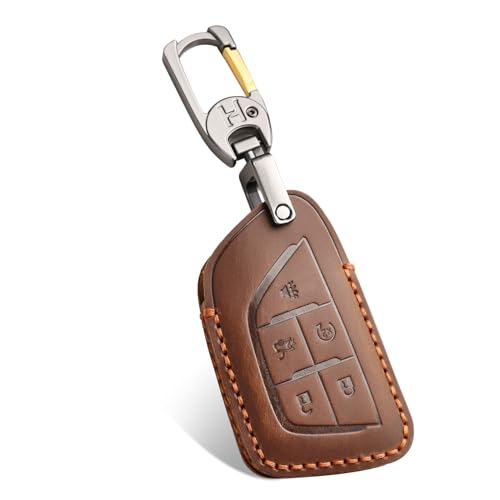 QBUC for Cadillac Premium Leather Key Fob Cover for Cadillac Escalade CT4 CT5 Lyriq 2021-2025 XT4 XT5 2024 2025 (Brown 5-Button)