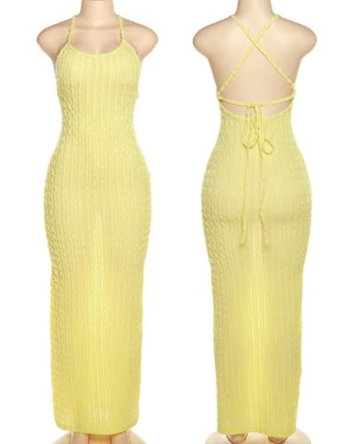 Image of RARITYUS Women's Lace Up Bodycon Maxi Dress Sexy Low Cut Backless Sleeveless Textured Long Party Club Dresses