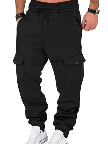 Mens Fleece Sweatpants Elastic Waist Cargo Pants Athletic Joggers Trousers with Multi Pockets