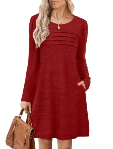 Image of OFEEFAN Womens Long Sleeve Tunic Dress Fall Fashion Sweater Dress with Pockets Pleated Front Casual Winter