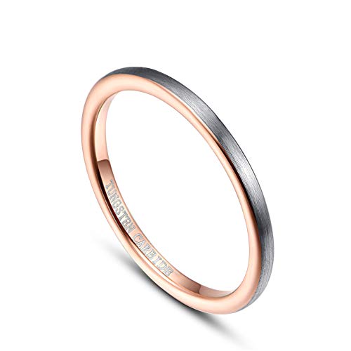 Cloyo 2mm Rose Gold Tungsten Stacking Ring Thin for Women Men Matte Silver Brushed Finish Unisex Wedding Ring Comfort Fit Size 5