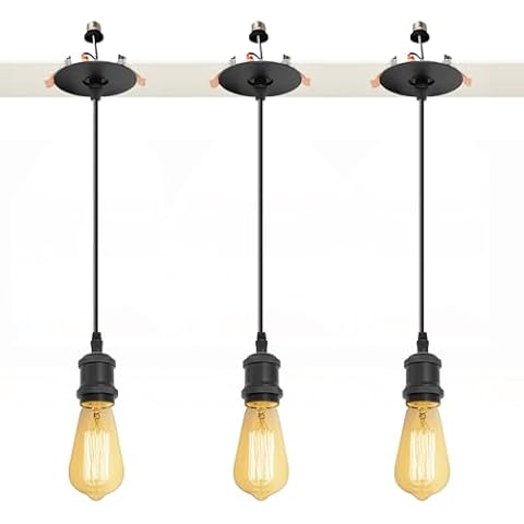Kiven Can Lights Retrofit Recessed Lighting with E26 Power Outlet Adapter, 4/5 Inch Replacement Conversion Kit, Farmhouse Pendant Lighting for Kitchen Living Room Hallway,3 Lights,Black Cover