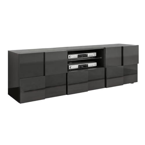AltoBuy Rebecca - Meuble TV 181 cm Finition Laqué Gris Carbone Relief Damiers