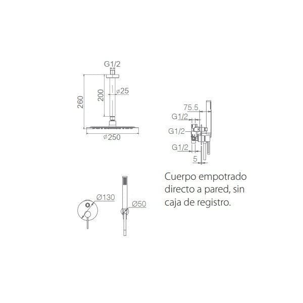 IMEX - Conjunto de ducha empotrado a techo con rociador y mango de ducha - Griferia ducha de baño de 2-Vías SERIE THALOS STICK GPTS045 Cromado/Plateado
