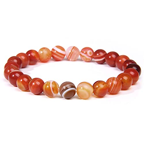 SofiaCreations Handmade Red Banded Agate Crystal Beaded Bracelet, Natural Carnelian Gemstone Crystal 8mm Round Beads Stretchy Bracelet, Healing