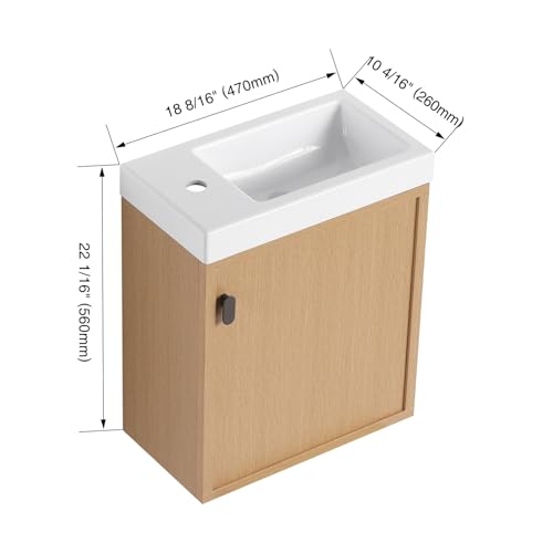 Image of 18.5 inch Bathroom Vanity with Resin Sink, Modern Wall-Mounted Floating Bathroom Vanity with Soft Closed Single Door for Home, Undermount Storage Cabinet, Easy to Clean, Natural Wood
