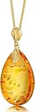 Amber by Mazukna - Pendentif en ambre de la Baltique pour femmes, goutte d'ambre scintillante, argent sterling plaqué or ag925, collier de 45,7 cm, bijou de couleur cognac pour dames