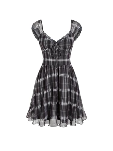 CIDER Women's Gingham Mini Dress Summer Sundress Casual V Neck Flowy Cute Teen Short Seelve Ruffle Dress