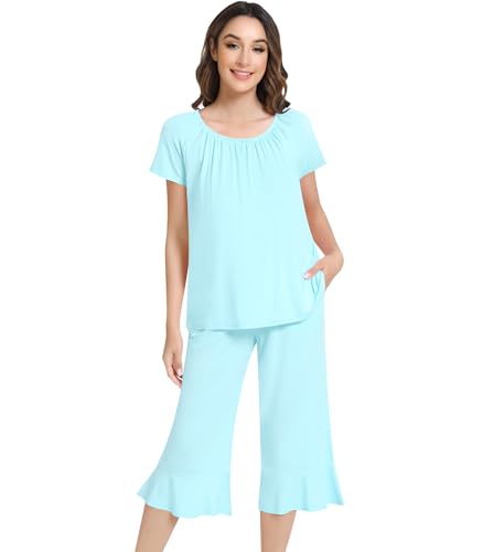 Image of NACHILA Pajamas for Women-Viscose Made from Bamboo,Short Sleeve Sleepwear Cooling Pjs Top with Capri Pants Pajama Sets