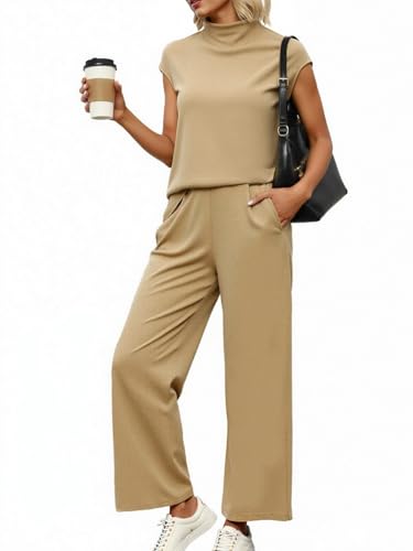 AiMgFUN 2-Piece Summer Sets for Women Loungewear Pullover Tops and Wide Leg Pants Tracksuits With Pockets Khaki-XXL