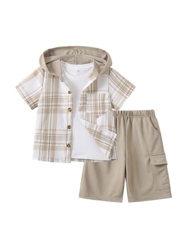 Image of Boys Clothes Shorts Sets Plaid Short Sleeve Hooded Button Shirt and Jogger Shorts for Kids Summer Outfits