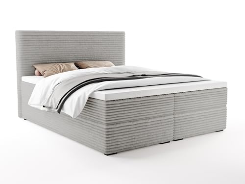 FurniDe24 Boxspringbett mit 2 Bettkästen, Bonellfederkernmatratze und Topper, Gepolstertes Doppelbett mit Kopfteil, Breitcord-Stoff, Polsterbett Vito in Grau (Vito 07, 160 x 200 cm)