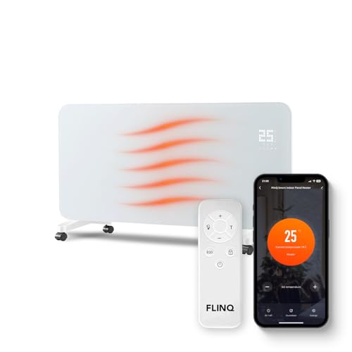 FlinQ Calefactor eléctrico inteligente de 2000 W Blanco | Convector de diseño de cristal con temporizador | Control de voz y aplicación | Compatible con Google Assistent y Alexa