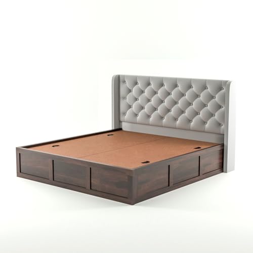 Image of Solid Sheesham Wood King Size Bed with Storage | Wooden Double Bed Cot Bed with Box Storage & Velvet Upholstered Cushioned Headboard for Bedroom (Walnut D, King)