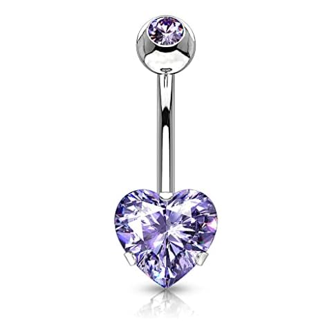 GBJUK Purple Heart Belly Button Bar Piercing with Cubic Zirconia Gems Navel Ring Surgical Steel Cover