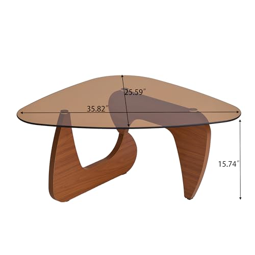 Image of 35.8 inch Glass Coffee Table, Modern Coffee Tables for Living Room, Organic Round Coffee Table with Smoked Tempered Glass Top and Walnut Finish Wood Base, Small Center Table, Mesa de Centro para Sala