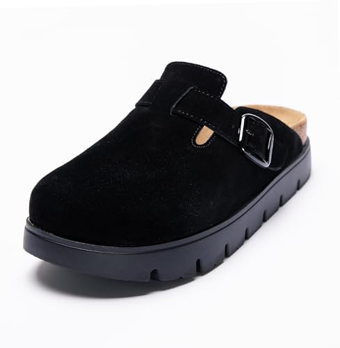 Image of Women's Suede Platform Clogs Leather Mules Slip On Indoor Outdoor Shoes | Arch Support, Cork Footbed, Adjustable Buckle,Water Resistant Upper,All Day Comfort
