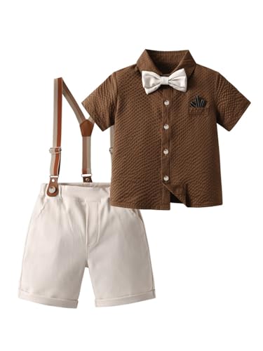 Image of SANGTREE Baby Shorts Dress Clothes Set, T-Shirt + Bowtie + Suspender Shorts Outfit, 3 Months - 14 Years