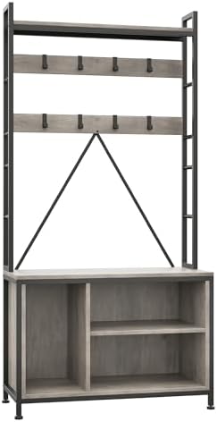 Industrial Wooden 3-in-1 Freestanding Entryway Organizer, Hall Tree with Bench, Coat Rack with Shoe Storage Plus Hooks, Drawers & Top Shelf, Ideal for Mudroom, Hallway & Entryway, Grey