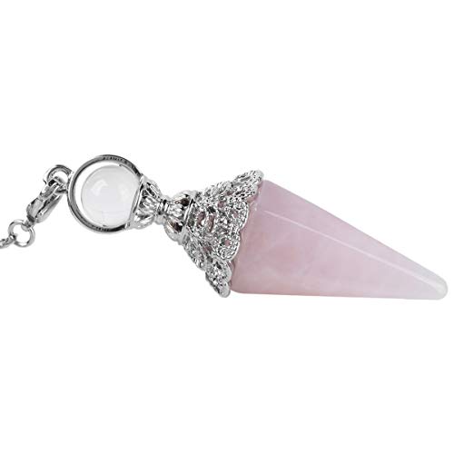 Rockcloud Natural Rose Quartz Crystal Pointed Pendulum with 7 Chakra Stone Beads Chain, 6 Facet Reiki Chakra Pendant for Divination Dowsing
