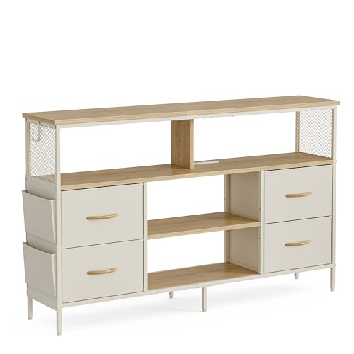 IKIFLY チェスト収納 タンス 棚付き 箪笥リビング収納チェスト LEDライト付き テレビボード おしゃれ 収納ケース 引き出し 大容量 USBポート付き洋服タンス 布製 玄関キャビネット 収納ボックス マルチチェス 整理タンス 寝室収納 一人暮らし【幅140×奥行30×高さ82cm】ベージュ