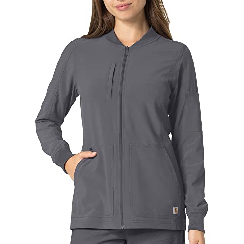 Carhartt Cross-Flex Scrubs for Women, Front Zip Utility Jacket - Pewter, M
