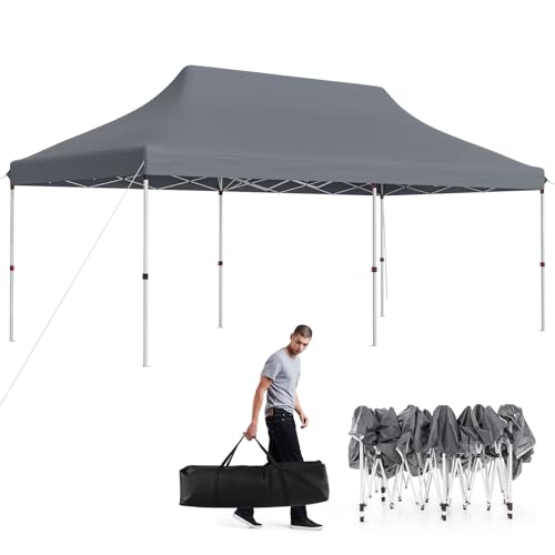 COSTWAY 6x3M Pop-up Gazebo, Height Adjustable Instant Marquee Party Canopy Tent with Carrying Bag, Large Waterproof Commercial Sun Shelter for Outdoor Wedding Camping (Grey, 296-316cm)