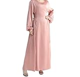 Hanimeli Women's Satin Abaya Evening Gown with Corset Detail Long Puff Sleeves Maxi Dress Special Occasions Weddings Prom (US, Alpha, Large, Regular, Regular, Baby Pink)