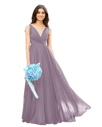 Image of HSFIYAKJ Bridesmaid Dresses Long Chiffon Formal Dress Open Back V Neck Evening Prom Gown for Women with Pockets