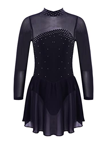 Agoky Big Girls Sparkle Mesh Splice Figure Ice Skating Dress Gymnastic Dance Leotard Tutu Skirt Performance Costume Black A 10 Years