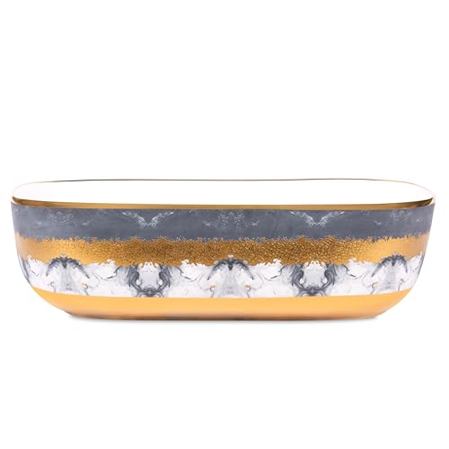 Image of Bonkaso Designer Ceramic Table Top Wash Basin | Grey White with Golden Texture Rectangular Countertop Vanity Sink | 45 x 32.5 x 13.5 cm Premium Glossy Bathroom Basin - P1023
