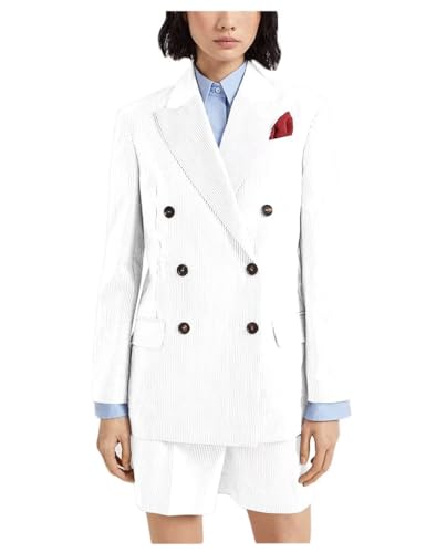 Women's Summer Business Shorts Suit Long Sleeve Formal 2 Piece Stripes Seersucker Casual Blazer Set White 00