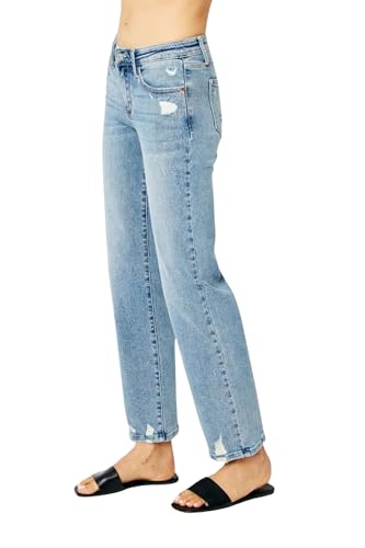 Judy Blue Women's Mid Rise Medium Wash Distressed Straight Leg Jeans4