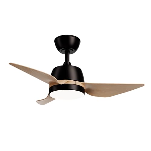 Sulion Ventilador de Techo MARINA Luz LED 24W Regulable – Motor DC Silencioso, Negro con Palas de Color Madera Clara, IP44, 5 Velocidades, Temporizador, Función Invierno-Verano, Ø86 cm