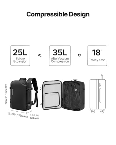 Image of VEVOR Vacuum Travel Backpack, 35L, Vacuum Seal Compression Travel Backpack with Air Pump, Multiple Pockets & Compartments, Water-Resistant Carry-On Suitcase Luggage, Casual Personal Item Bag, Black
