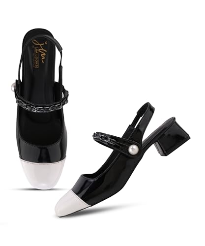 Image of JM LOOKS Women's Elegant Block Heel Slingback Pumps with Decorative Chain and Pearl Accent Detail Straps