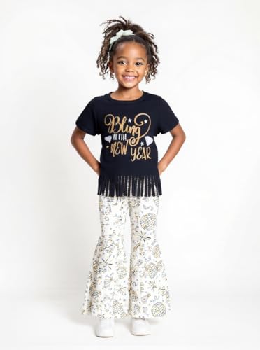 Image of Unique Baby 2 Piece Girls Bell Bottom Leggings Outfit with Short Sleeved Shirt Kid and Toddler Clothes Set