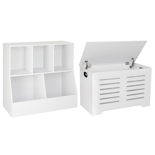 Image of DINZI LVJ Kids Toy Storage Organizer and Wooden Toy Box Bundle, 5 Cubby Bookcase Toy Storage Cabinet, Flip Top Storage Chest for Bedroom, Nursery, Hallway, School, 31.5" Long, White
