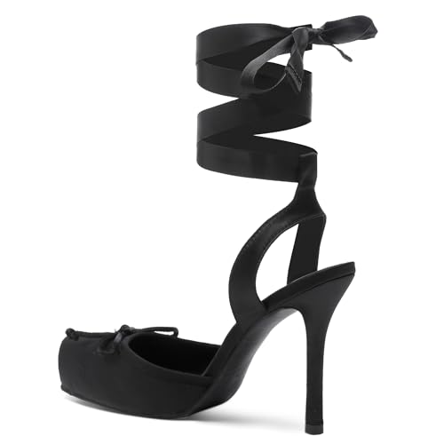 Image of Riekhany Satin Ballet Heels for Women Closed Square Toe Bow Ballerina Heels Lace Up High Heel Slingback Pumps Strappy Stiletto Mary Janes Elegant Party Shoes