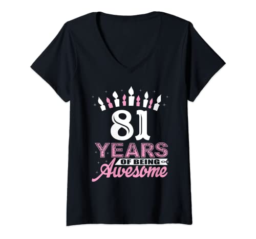 Mujer Camisas de cumpleaños 81 años para mujer, regalo de vela Camiseta Cuello V